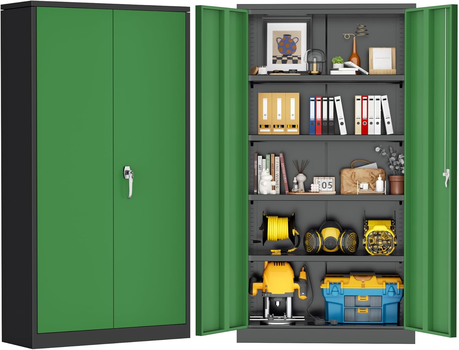 SOLAURA 72" Metal Garage Storage Cabinet with Locking Doors and Adjustable Shelves for Home, Office(Black Green)