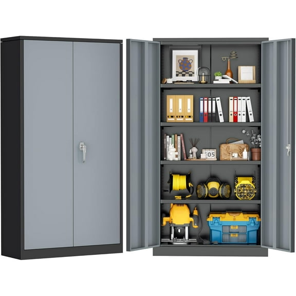 SOLAURA 72" Metal Garage Storage Cabinet with Locking Doors and Adjustable Shelves for Home, Office(Black Grey)