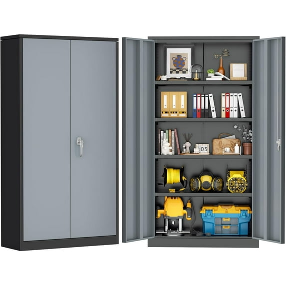 SOLAURA 72" Metal Garage Storage Cabinet with Locking Doors and Adjustable Shelves for Home, Office(Black Grey)