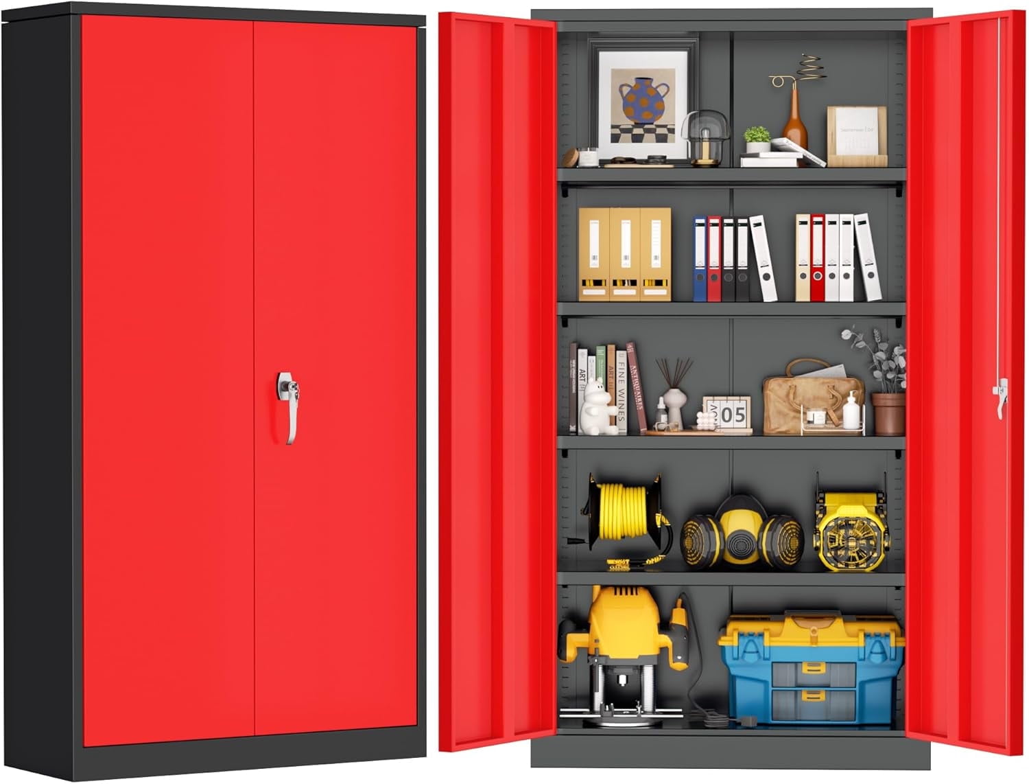SOLAURA 72" Metal Garage Storage Cabinet with Locking Doors and Adjustable Shelves for Home, Office(Black Red )