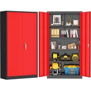 SOLAURA 72" Metal Garage Storage Cabinet with Locking Doors and Adjustable Shelves for Home, OfficeBlack Red