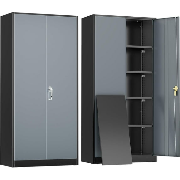 SOLAURA 72 inches Tall Metal Garage Storage Cabinets, Lockable Steel Storage Cabinet with Doors and Adjustable Shelves for Office, Home, Shops, Garage, Assembly Required, Black Gray