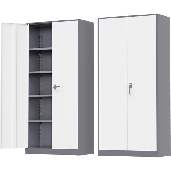 SOLAURA 72 inches Tall Metal Garage Storage Cabinets, Lockable Steel Storage Cabinet with Doors and Adjustable Shelves for Office, Home, Shops, Garage, Assembly Required, Gray White