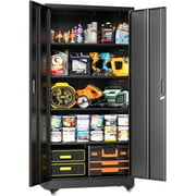 SOLAURA 73 in Metal Storage Cabinet with Wheels, Garage Rolling Cabinet with Locking Doors and 4 Adjustable Shelves, Lockable Tool Storage Cabinets for Garage, Home, Office(Black)