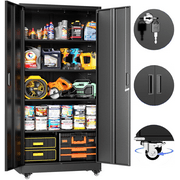 SOLAURA 73 in Metal Storage Cabinet with Wheels, Garage Rolling Cabinet with Locking Doors and 4 Adjustable Shelves, Lockable Tool Storage Cabinets for Garage, Home, Office(Black)