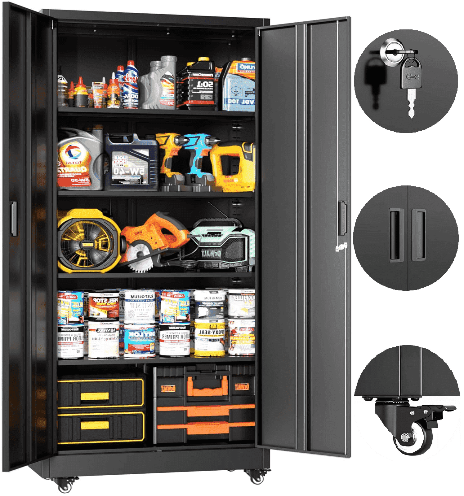 SOLAURA 73 in Metal Storage Cabinet with Wheels, Garage Rolling Cabinet with Locking Doors and 4 Adjustable Shelves, Lockable Tool Storage Cabinets for Garage, Home, Office(Black)