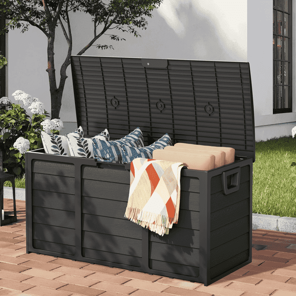 SOLAURA 75 Gallon Outdoor Storage Deck Box Waterproof Resin Patio Storage Box for Outside Cushions, Garden Tools and Pool Toys , Black
