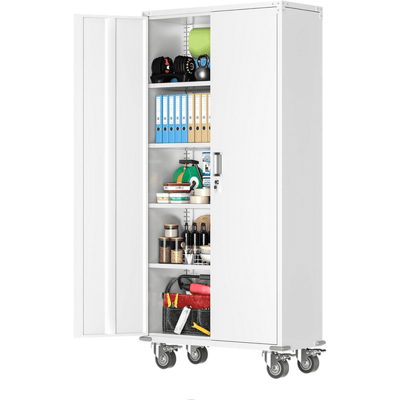 SOLAURA 75” Metal Storage Cabinet with Wheels for Home,Office,Gym,Basement, Kitchen Pantry,Warehouse(White)