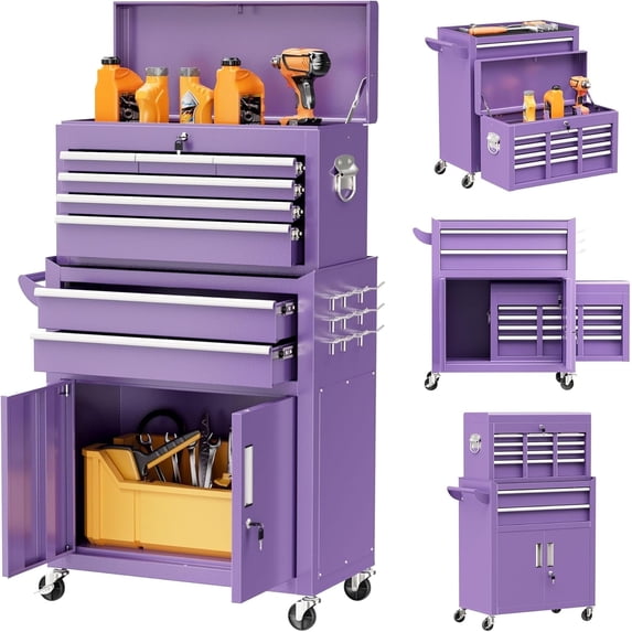 SOLAURA 8-Drawer Rolling Tool Chest with Detachable Top Box, Metal Tool Box with Wheels, Lockable Storage Cabinet for Warehouse, Garage, Workshop, Barbershop, Purple