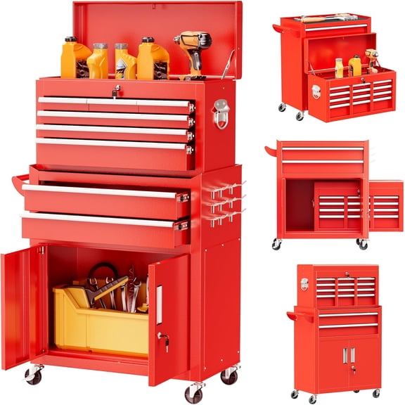SOLAURA 8-Drawer Rolling Tool Chest Metal Tool Box Lockable Storage Cabinet with Wheels, Red