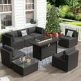 thumbnail image 1 of SOLAURA 8-Piece Outdoor Patio Furniture Sofa Set with 45-inch Propane Gas Fire Pit Table, Black Rattan Wicker 6-Seater Sectional Conversation Set with Coffee Table, for Patios and Gardens (Dark Grey), 1 of 11