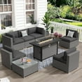 thumbnail image 1 of SOLAURA 8-Piece Outdoor Patio Furniture Sofa Set with 45-inch Propane Gas Fire Pit Table, Grey Rattan Wicker 6-Seater Sectional Conversation Set with Coffee Table, for Patios and Gardens (Dark Grey), 1 of 11