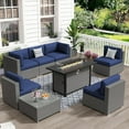 thumbnail image 1 of SOLAURA 8-Piece Outdoor Patio Furniture Sofa Set with 45-inch Propane Gas Fire Pit Table, Grey Rattan Wicker 6-Seater Sectional Conversation Set with Coffee Table, for Patios and Gardens (Deep Blue), 1 of 11