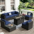 thumbnail image 1 of SOLAURA 8-Piece Outdoor Patio Furniture Sofa Set with 45-inch Propane Gas Fire Pit Table, Black Rattan Wicker 6-Seater Sectional Conversation Set with Coffee Table, for Patios and Gardens (Deep Blue), 1 of 10