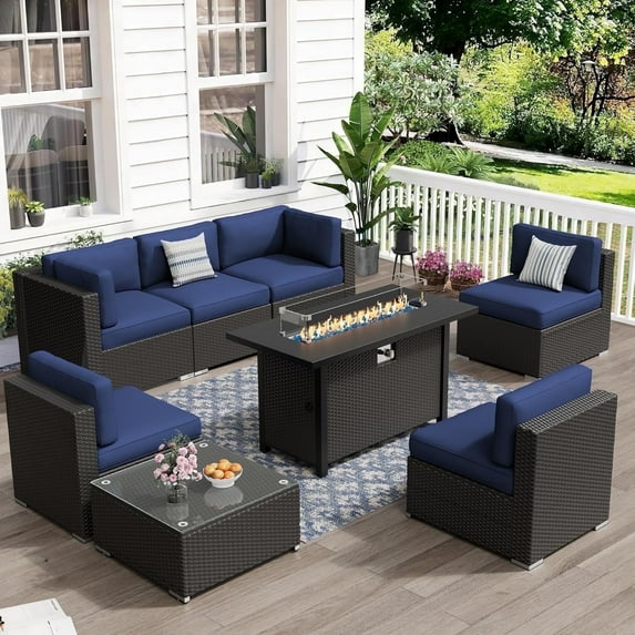 SOLAURA 8-Piece Outdoor Patio Furniture Sofa Set with 45-inch Propane Gas Fire Pit Table, Black Rattan Wicker 6-Seater Sectional Conversation Set with Coffee Table, for Patios and Gardens (Deep Blue)
