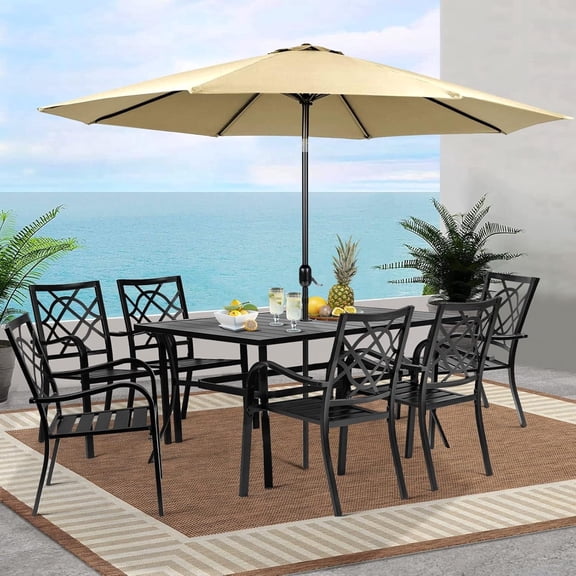 SOLAURA 8-Piece Outdoor Patio Dining Set with Umbrella, Stackable Metal Chairs and Rectangular Dining Table for 6 People (Brown)