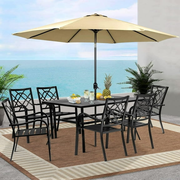 SOLAURA 8-Piece Outdoor Patio Dining Set with Umbrella, Stackable Metal Chairs and Rectangular Dining Table for 6 People (Brown)