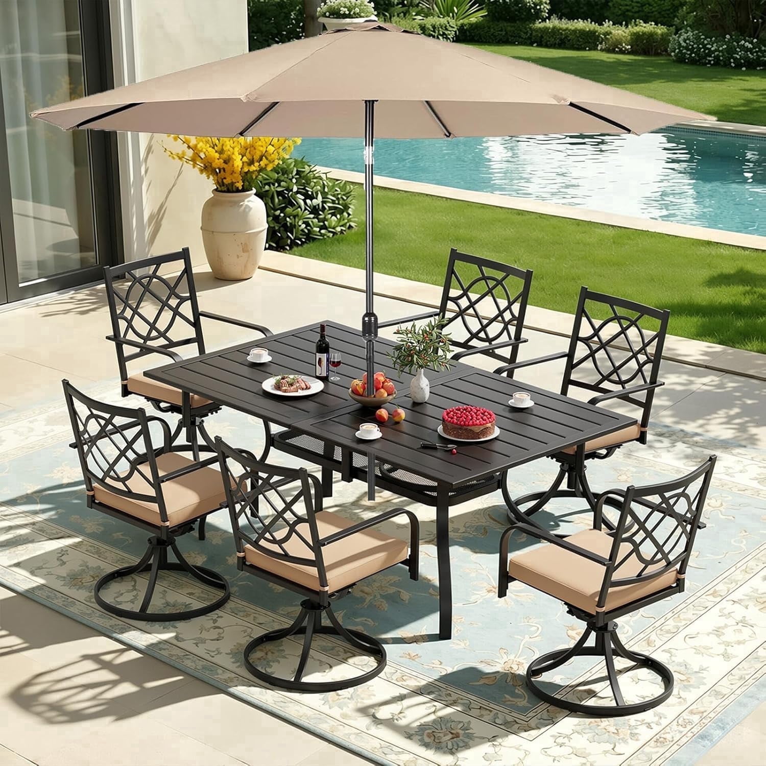 brown patio table 6 seater with umbrella HERA'S HOUSE 7pc Dining Set, Metal PVC Top, Chairs ergonomic high Wood Round Patio Table For