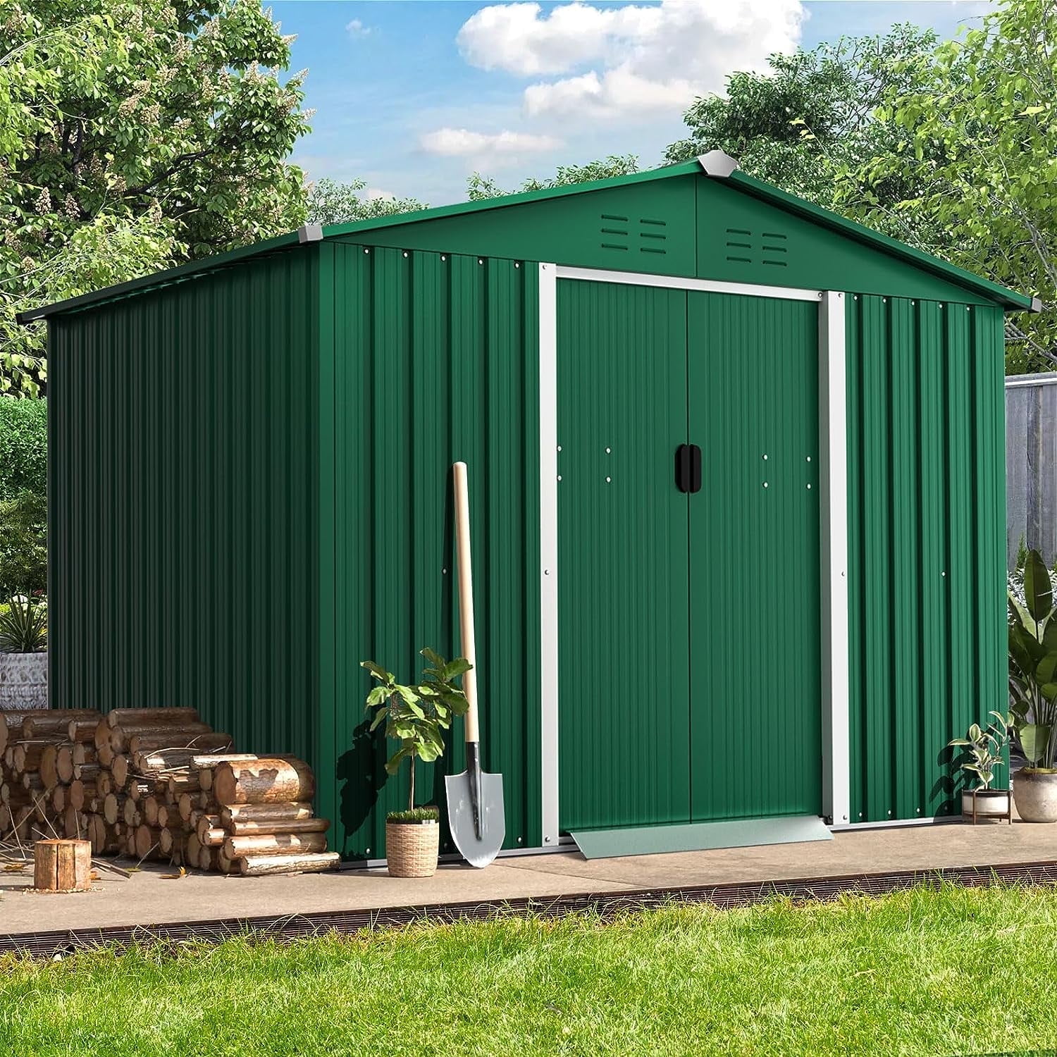 Green Galvanized Metal 8x6 Outdoor Storage Shed with Sliding Doors