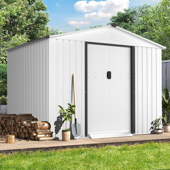 SOLAURA 8'x6' Outdoor Metal Storage Shed Garden Tool Shed with Sliding Door - White