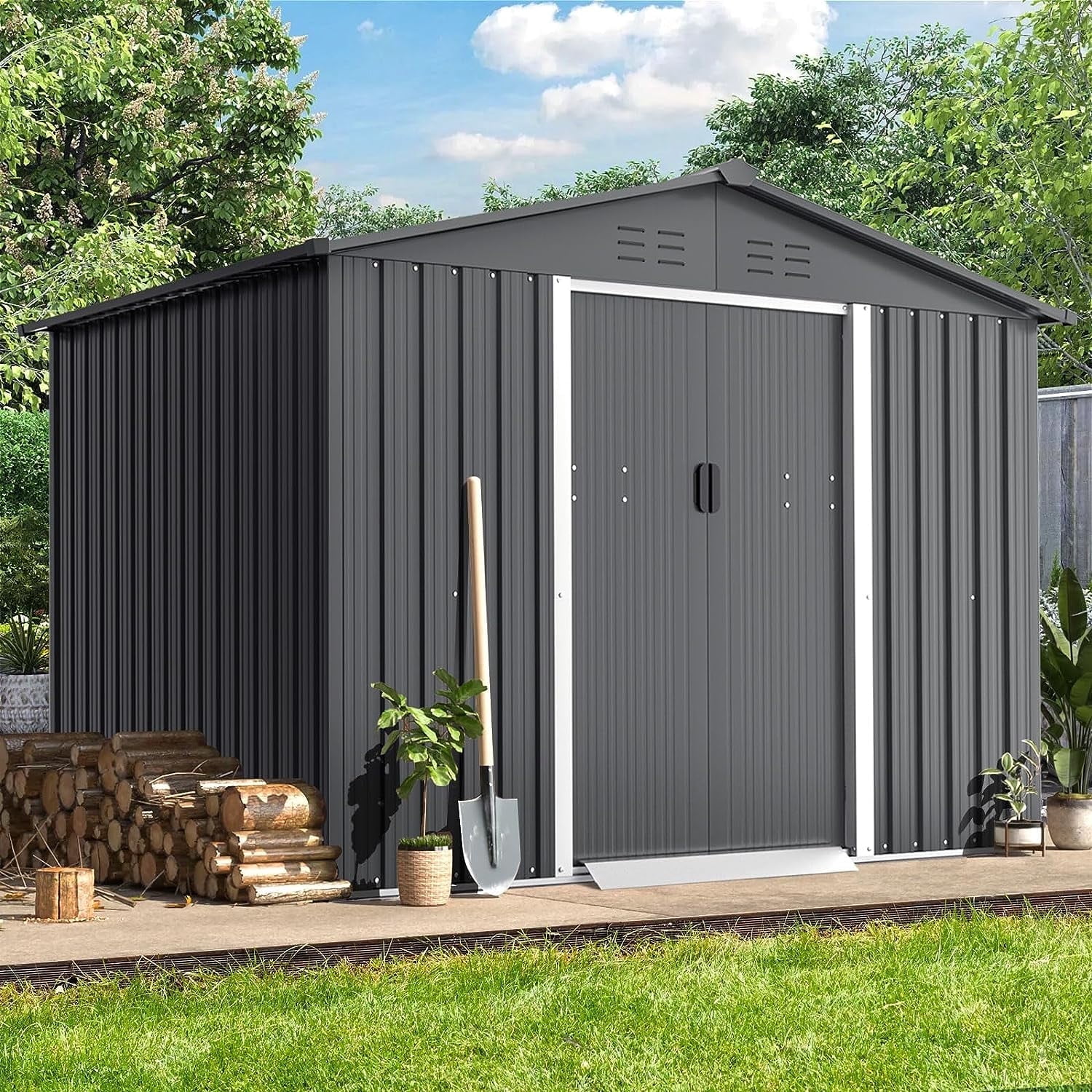 SOLAURA 8'x6' Outdoor Metal Storage Shed Garden Tool Storage Shed with Sliding Double Door - Gray