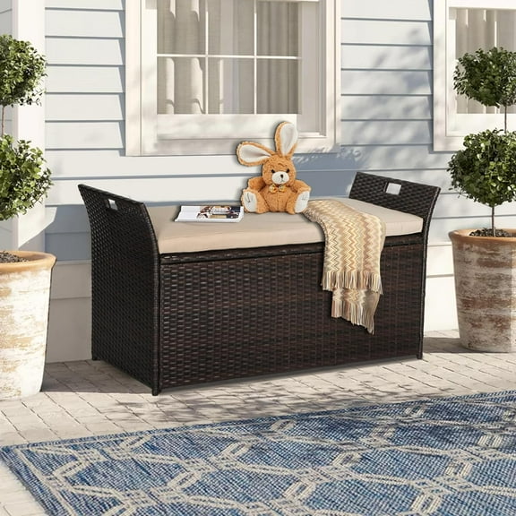 SOLAURA 90 Gallon Patio Wicker Storage Bench w/Cushion, Outdoor Rattan Deck Storage Box w/Handles & Hydraulics, Brown