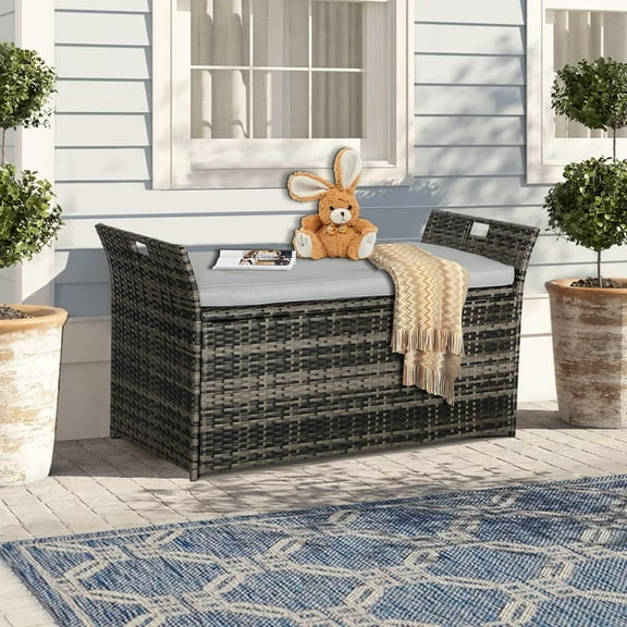 SOLAURA 90 Gallon Patio Wicker Storage Bench w/Cushion, Outdoor Rattan Deck Storage Box w/Handles & Hydraulics, Gray
