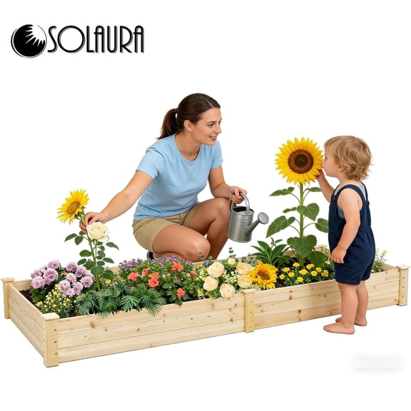 SOLAURA 96" x 24" x 10" Outdoor Wooden Raised Garden Bed Planter for Vegetables, Grass, Lawn, Yard - Natural
