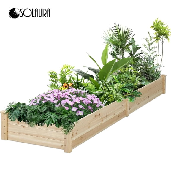 SOLAURA 96" x 24" x 10" Outdoor Wooden Raised Garden Bed Planter for Vegetables, Grass, Lawn, Yard - Natural
