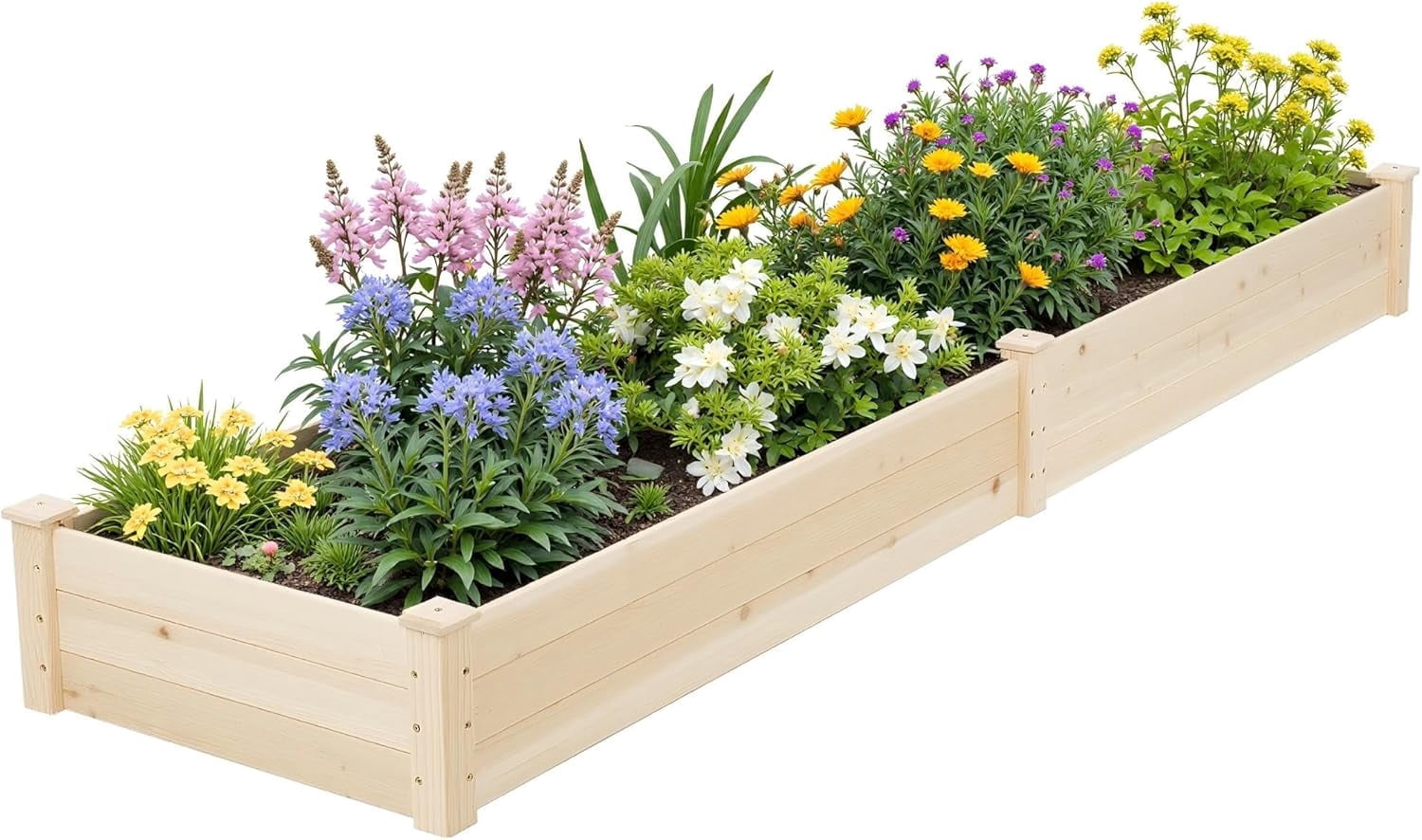 SOLAURA 96" x 24" x 10" Outdoor Wooden Raised Garden Bed Planter for Vegetables, Grass, Lawn, Yard - Natural