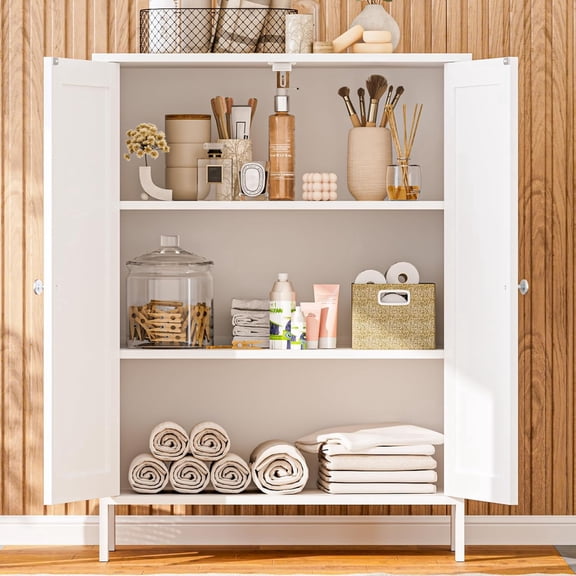 SOLAURA Bathroom Storage Cabinet, Wooden Floor Cabinet with Magnetic Double Doors & Adjustable Shelves, Freestanding Cupboard for Bathroom, Laundry Room, Entryway & Small Apartments, White