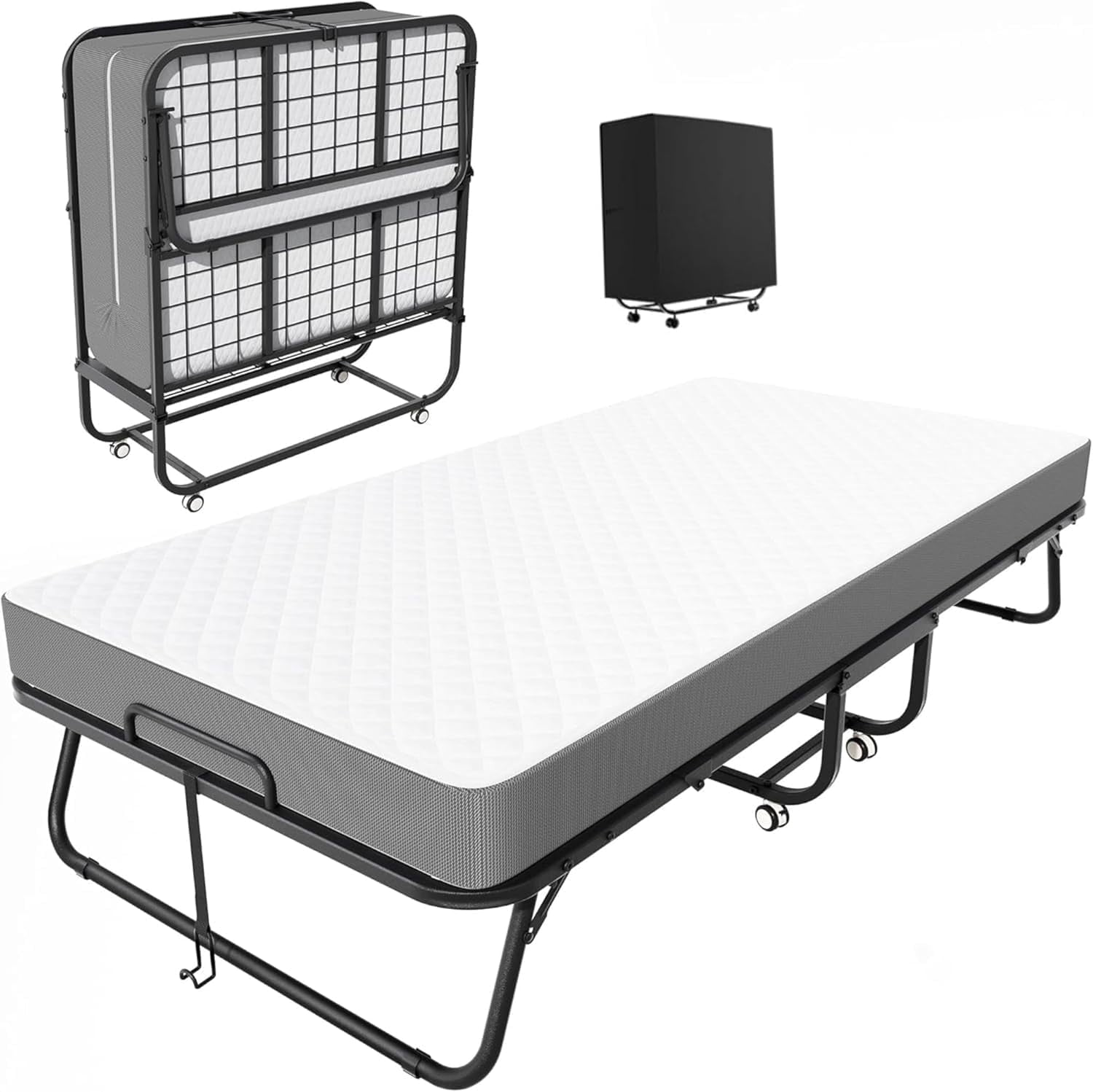 SOLAURA Folding Bed with Mattress, 75" x 38" Portable Rollaway Bed with 5" Thick Memory Mattress, Foldaway Bed Frame with Wheels for Adults, Guest, Twin Size