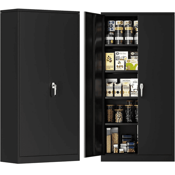 SOLAURA Garage Storage Cabinet, 71" H Metal Storage Cabinet with Locking Doors, Black Storage Lockers with Adjustable Shelves for Office, Home, and Garage