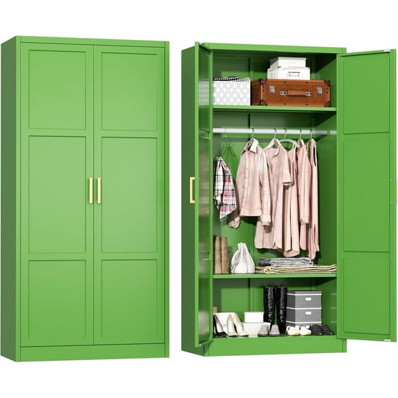 SOLAURA Metal Armoire Wardrobe Closet with Hanging Rod, 71" H Storage Cabinet with Adjustable Shelves, Freestanding Closet Cabinet for Garage, Home, Office (Green)