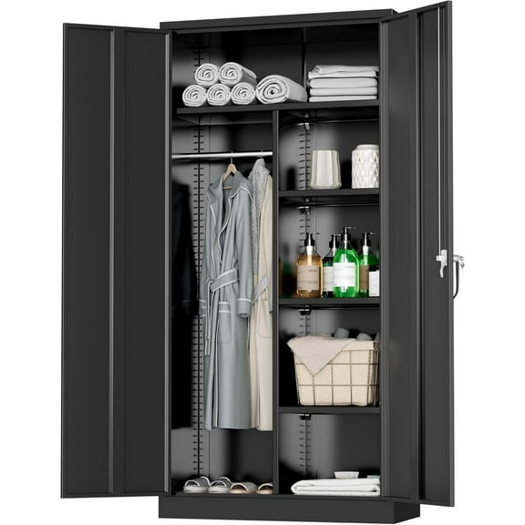 SOLAURA Metal Armoire Wardrobe Closet with Hanging Rod, 71" H x 32" W x 16" D Storage Cabinet with Locking Door, Freestanding Closet Cabinet for Garage, Home, Office ,Black
