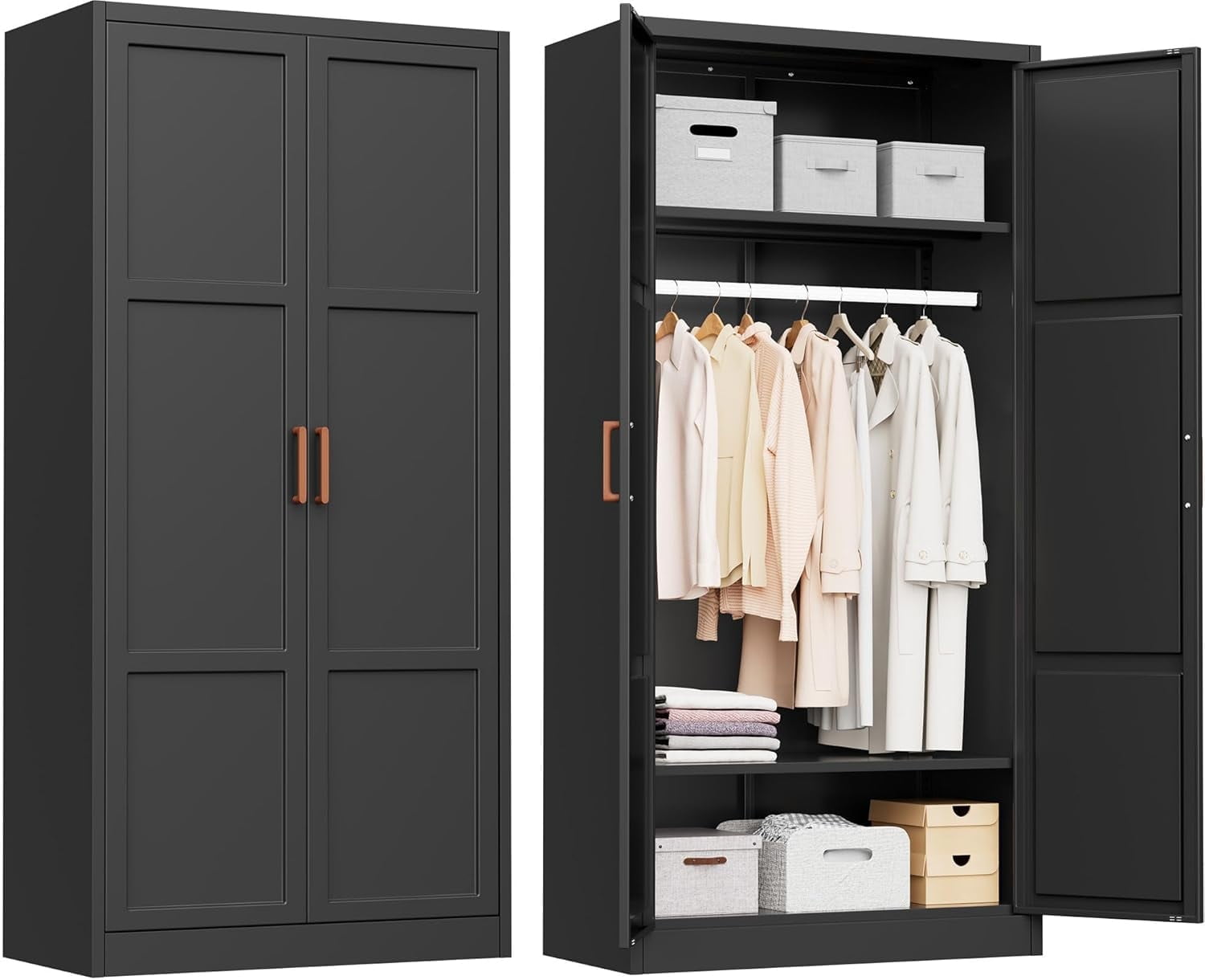SOLAURA Metal Armoire Wardrobe Closet with Hanging Rod, 71" H Storage Cabinet with Adjustable Shelves, Freestanding Closet Cabinet for Garage, Home, Office (Black)