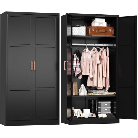 SOLAURA Metal Armoire Wardrobe Closet with Hanging Rod, 71" H Storage Cabinet with Adjustable Shelves, Freestanding Closet Cabinet for Garage, Home, Office (Black)