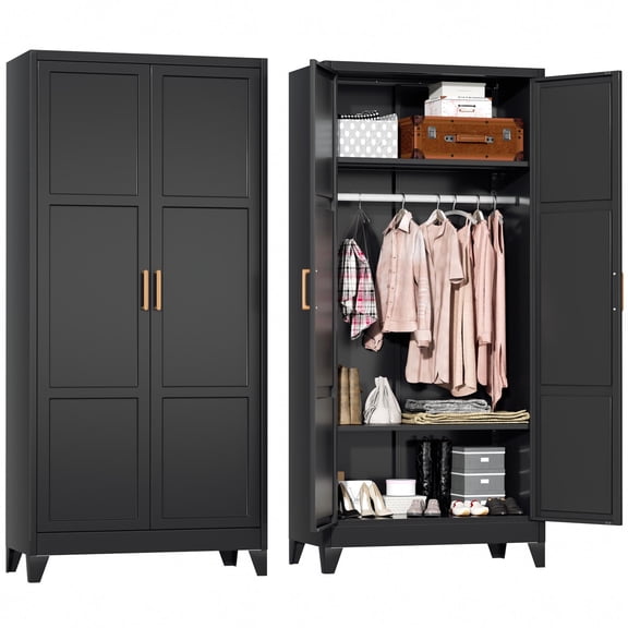 SOLAURA Metal Armoire Wardrobe Closet with Hanging Rod, 71" H Storage Cabinet with Adjustable Shelves, Freestanding Closet Cabinet for Garage, Home, Office (Black)