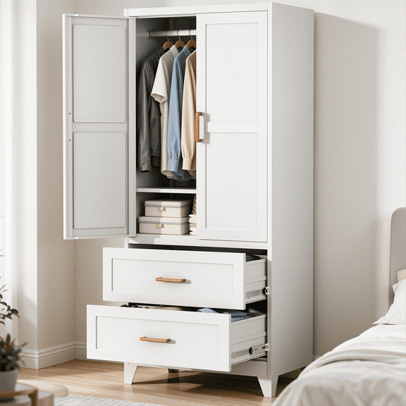 SOLAURA Metal Armoire Wardrobe with 2 Drawers and 2 Doors, 71" Tall Freestanding Closet with Hanging Rod & Adjustable Shelf, Storage Cabinet for Bedroom, Laundry Room, or Living Room, White