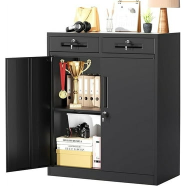 SOLAURA Metal Storage Cabinet with 2 Drawers,36" Black Metal Cabinets with Locking Doors and Adjustable Shelves for Home Office, Garage, Apartment