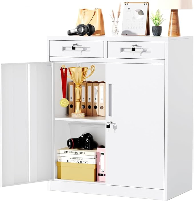 SOLAURA Metal Storage Cabinet with 2 Drawers, 36" H Storage Cabinet with Locking Doors and Adjustable Shelves for Home, Office, Garage, Apartment, White