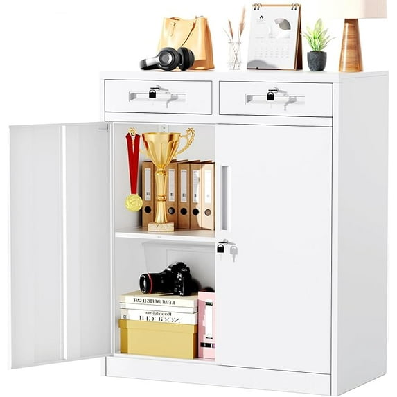 SOLAURA Metal Storage Cabinet with 2 Drawers, 36" H Storage Cabinet with Locking Doors and Adjustable Shelves for Home, Office, Garage, Apartment, White