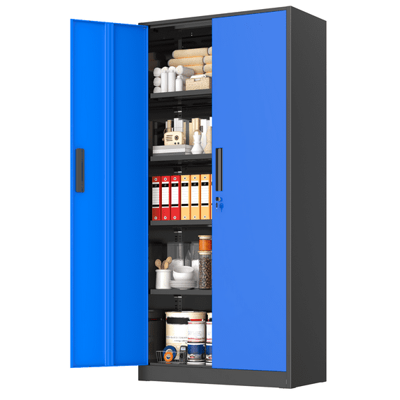SOLAURA Metal Storage Cabinet, 71" Garage Storage Cabinet with Lock, Black Blue Metal Cabinet with 2 Doors and 4 Adjustable Shelves for Home Office, File, Easy Assemble