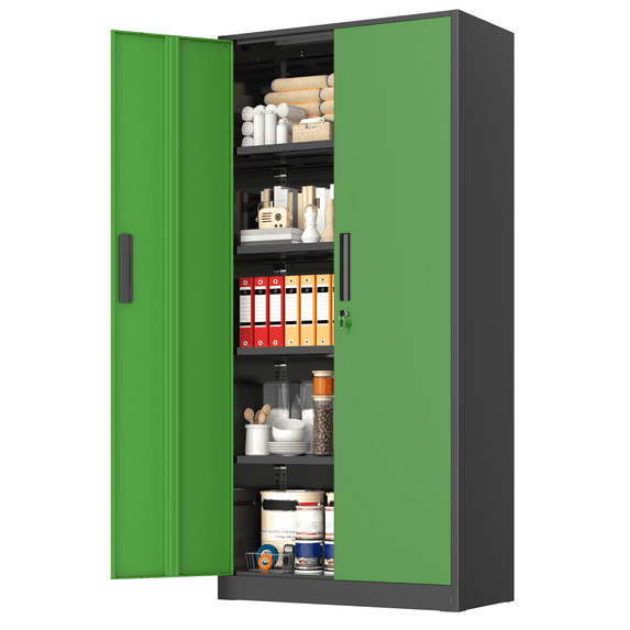 SOLAURA Metal Storage Cabinet, 71" Garage Storage Cabinet with Lock, Black Green Metal Cabinet with 2 Doors and 4 Adjustable Shelves for Home Office, File, Easy Assemble