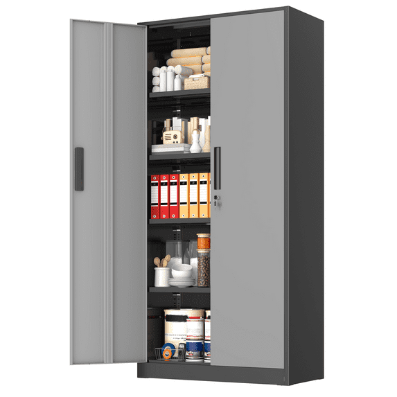 SOLAURA Metal Storage Cabinet, 71" Garage Storage Cabinet with Lock, Black Grey Metal Cabinet with 2 Doors and 4 Adjustable Shelves for Home Office, File, Easy Assemble