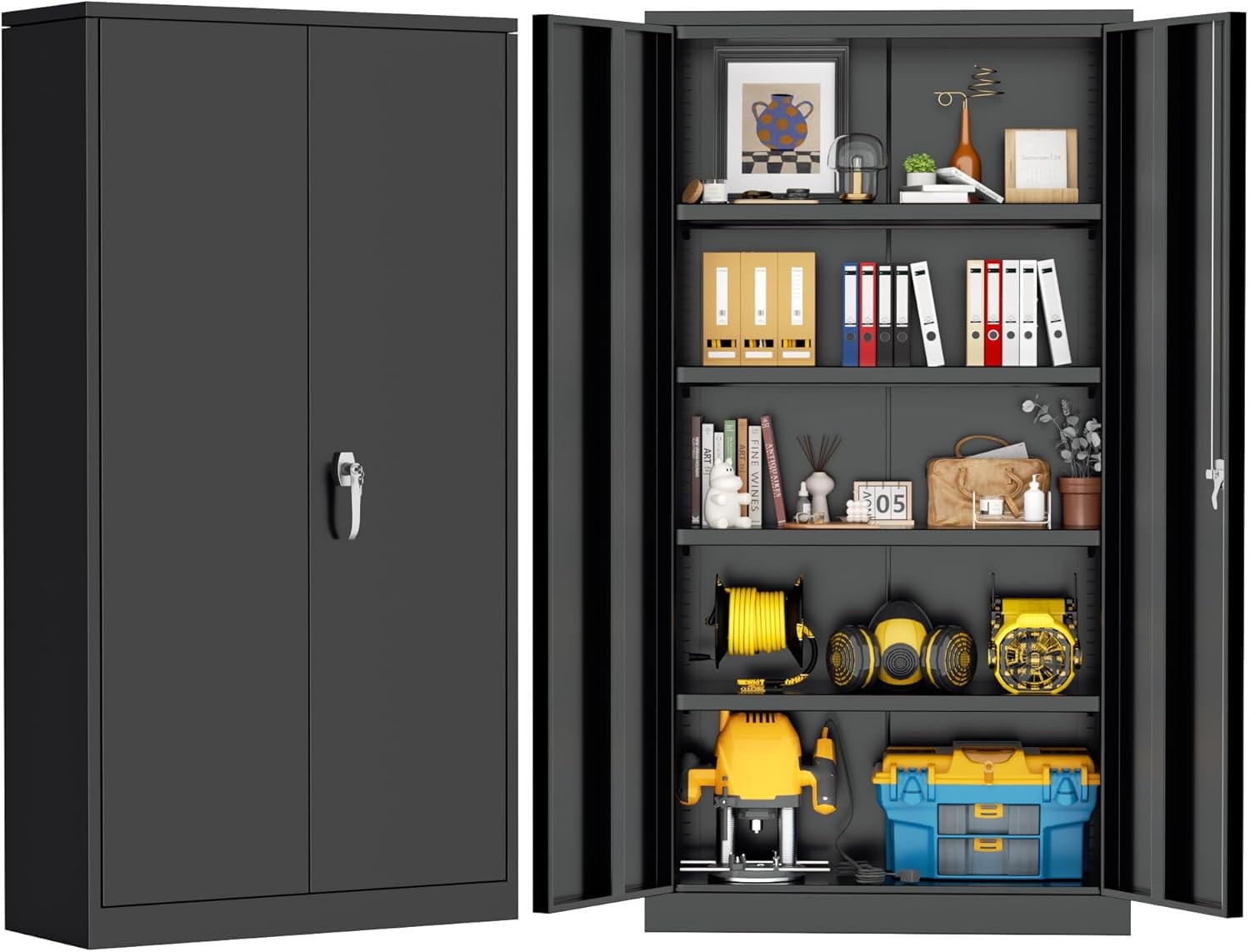 SOLAURA Metal Storage Cabinet with Locking Doors and 4 Adjustable Shelves, 71"H x 32"W x 16"D Cabinet for Office, Home, Garage, Warehouse(Black)