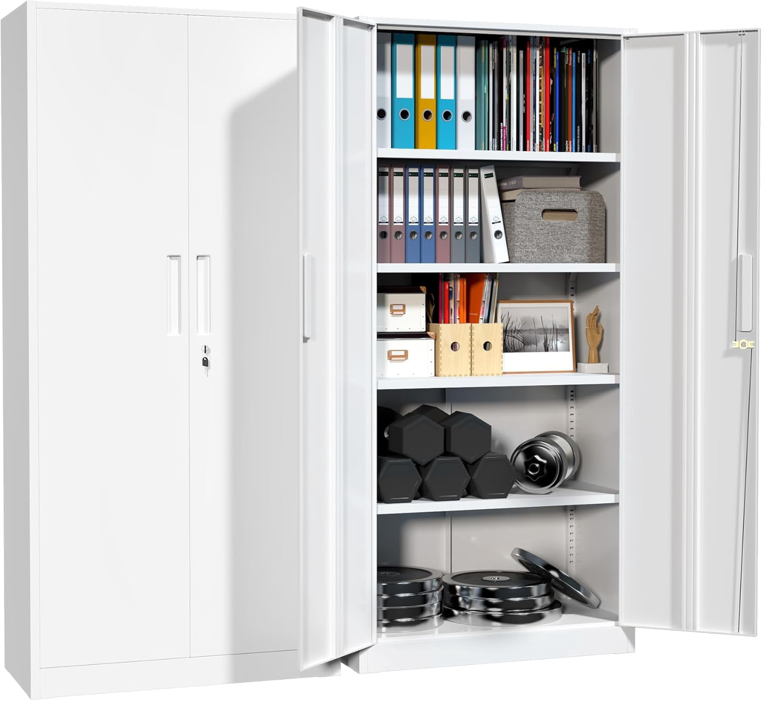 SOLAURA Metal Storage Cabinet with Locking Doors and 4 Adjustable Shelves, 71"H x 32"W x 16"D Cabinet for Office, Home, Garage, Warehouse(White)