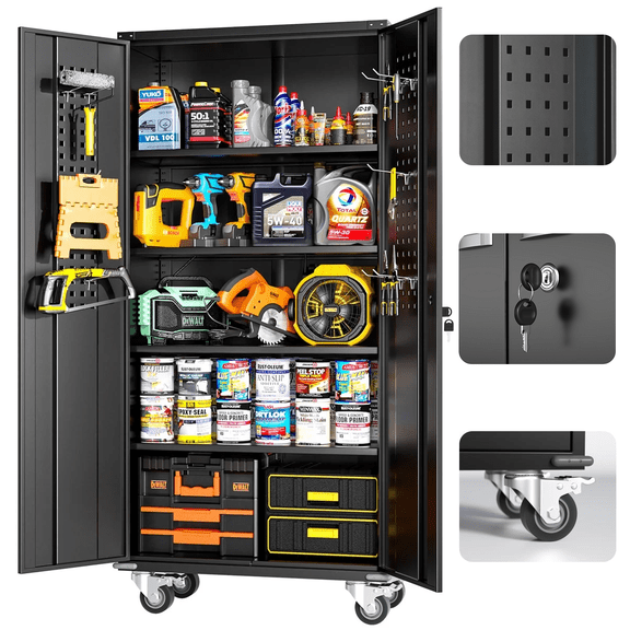 SOLAURA 72" Black Metal Garage Storage Cabinet with Wheels and Pegboard, Rolling Tool Cabinet with 4 Adjustable Shelves, Lockable Storage Cabinet for Home Office