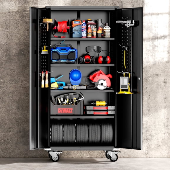 SOLAURA 72" Black Metal Garage Storage Cabinet with Wheels and Pegboard, Rolling Tool Cabinet with 4 Adjustable Shelves, Lockable Storage Cabinet for Home Office