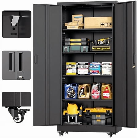 SOLAURA Metal Storage Cabinet with Wheels, 73" Garage Rolling Cabinet with Locking Door and 4 Shelves, Tool Cabinet on Caster for Home, Office, Black